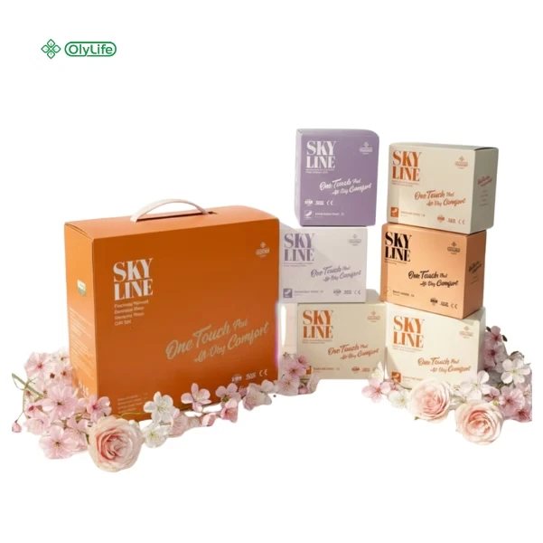 Skyline One Touch Pad sanitary napkin boxes in purple, peach, white and an orange gift box