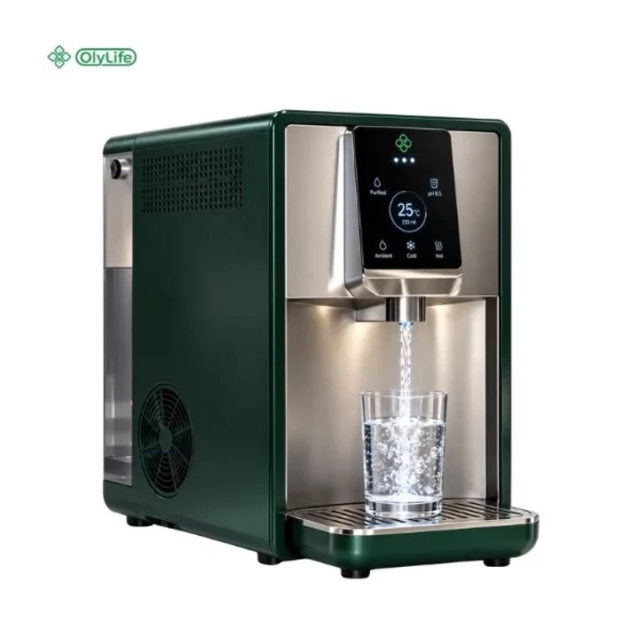 Spring Water SW-MAX green and stainless steel water system with touch display dispensing into a glass