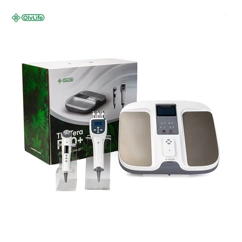 OlyLife THz Tera-P90+ main foot device with the Frost Age Beauty Device, the Revitaluxe Massager and the product box