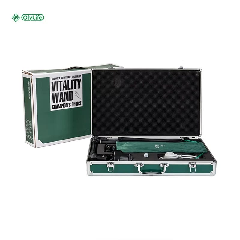 OlyLife Vitality Wand on its intelligent stand, with the carrying case and product box